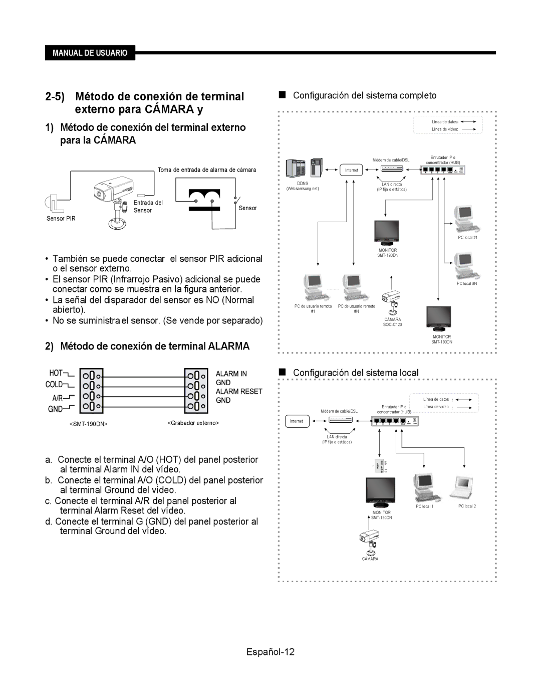 Samsung SMT-190Dx La señal del disparador del sensor es no Normal abierto,  Configuración del sistema local, Español-12 