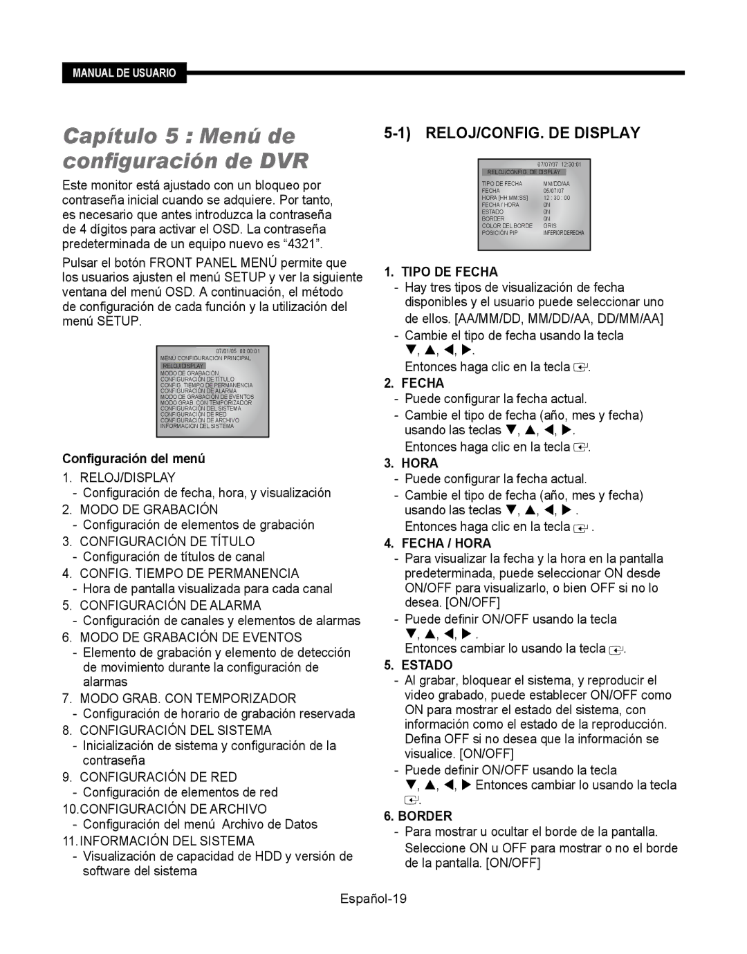 Samsung SMT-190Dx user manual Capítulo 5 Menú de configuración de DVR, RELOJ/CONFIG. DE Display 