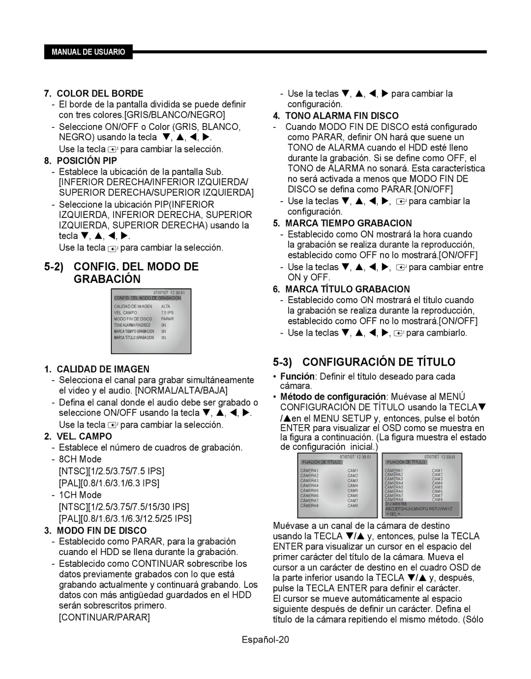 Samsung SMT-190Dx user manual CONFIG. DEL Modo DE Grabación, Configuración DE Título 