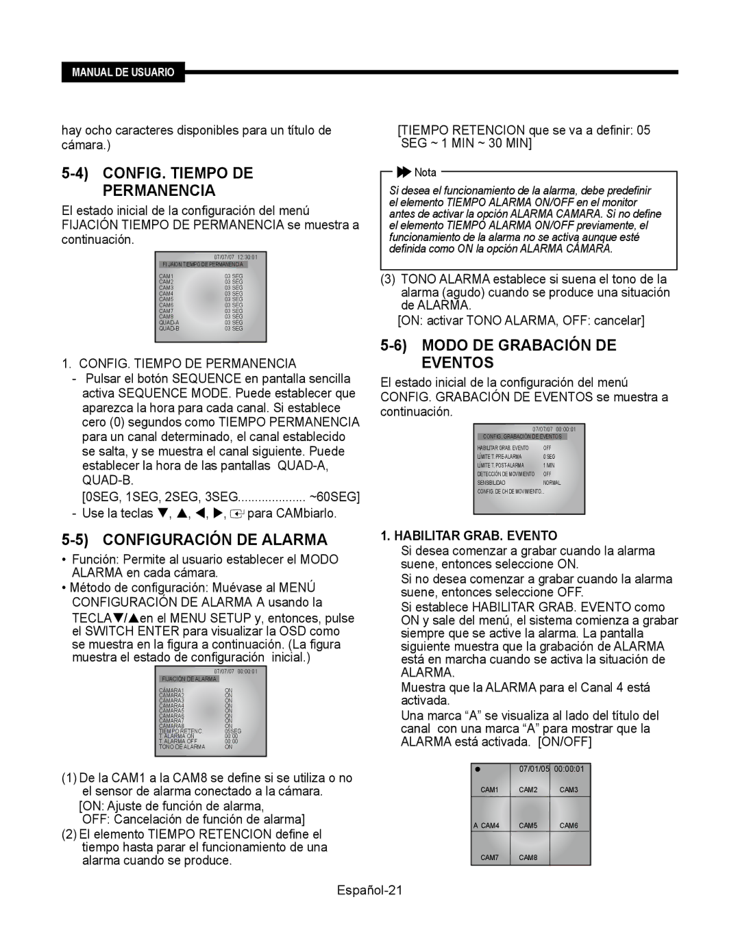 Samsung SMT-190Dx user manual CONFIG. Tiempo DE Permanencia, Modo DE Grabación DE Eventos, Configuración DE Alarma 