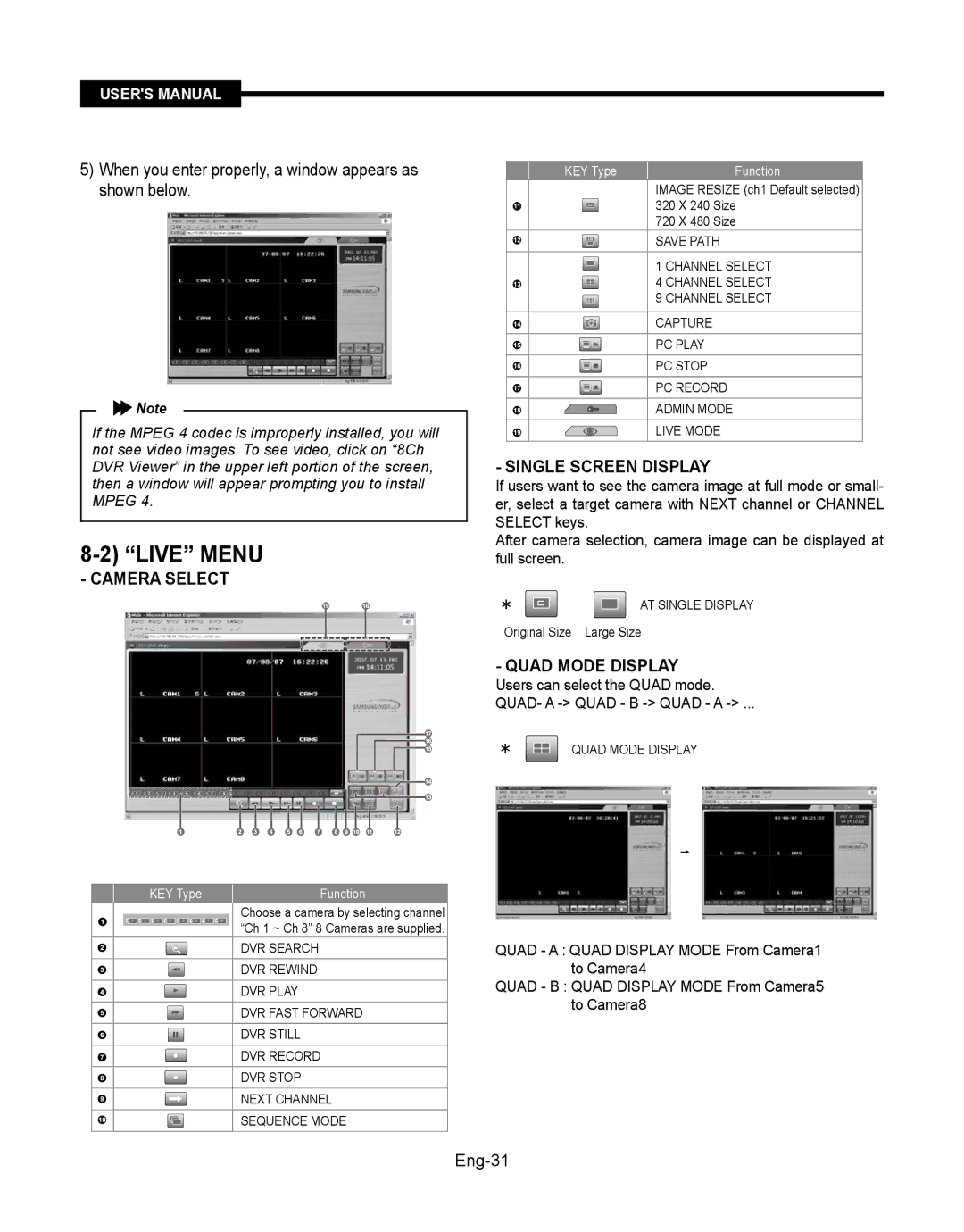 Samsung SMT-190Dx user manual Live Menu, Camera Select, Single Screen Display, Quad Mode Display 