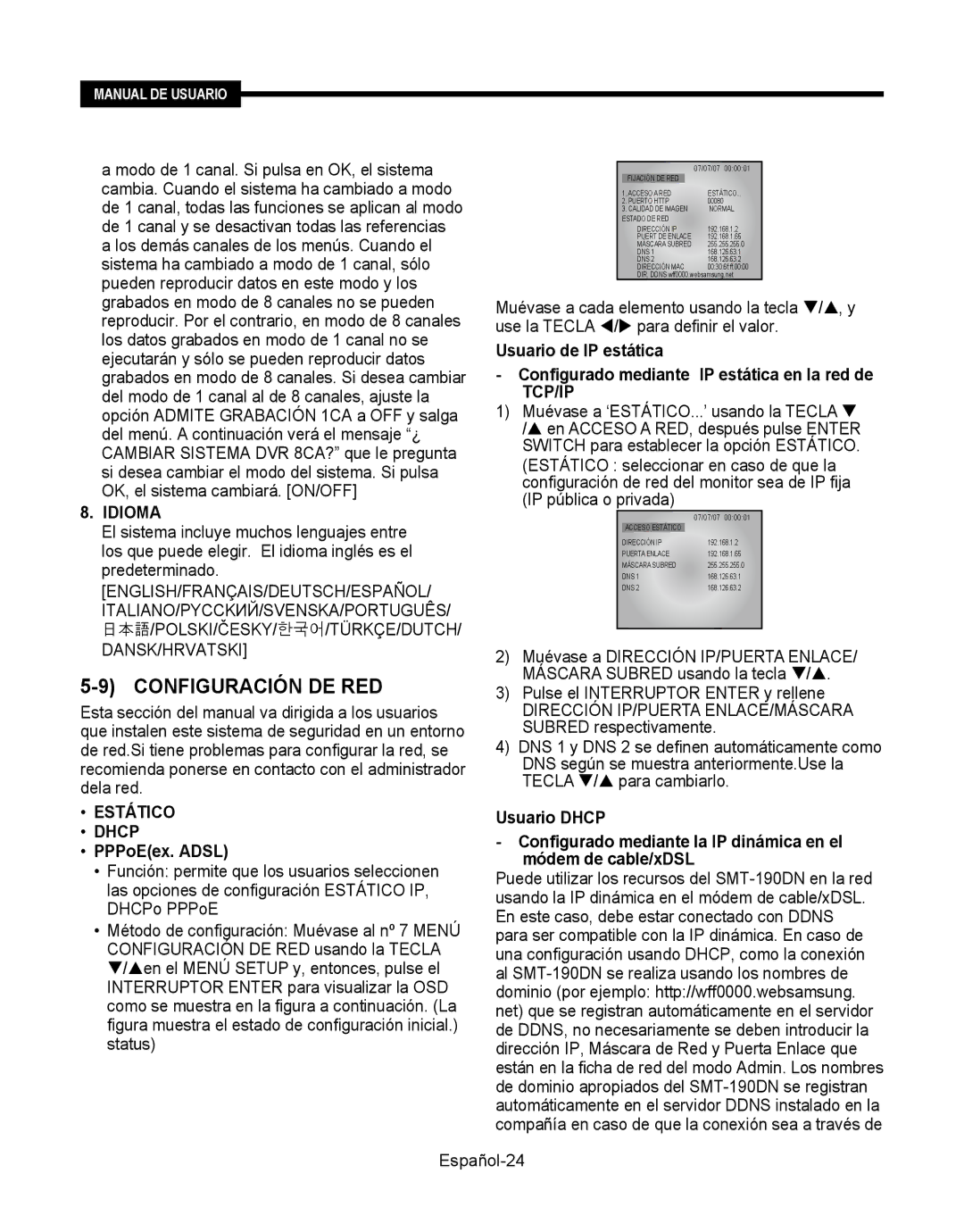 Samsung SMT-190Dx user manual Configuración DE RED, Idioma, Estático Dhcp, Tcp/Ip 