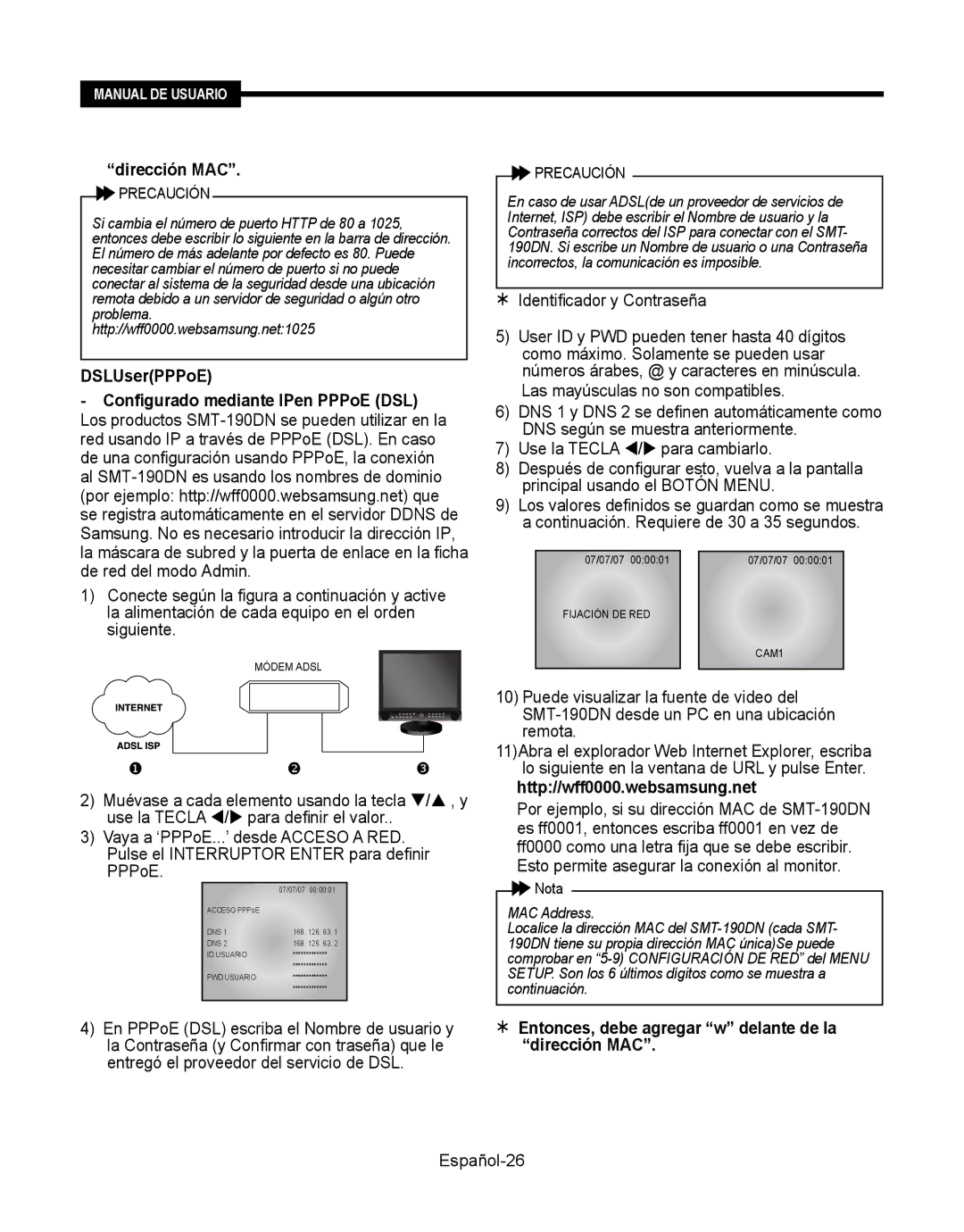 Samsung SMT-190Dx user manual Dirección MAC, DSLUserPPPoE 