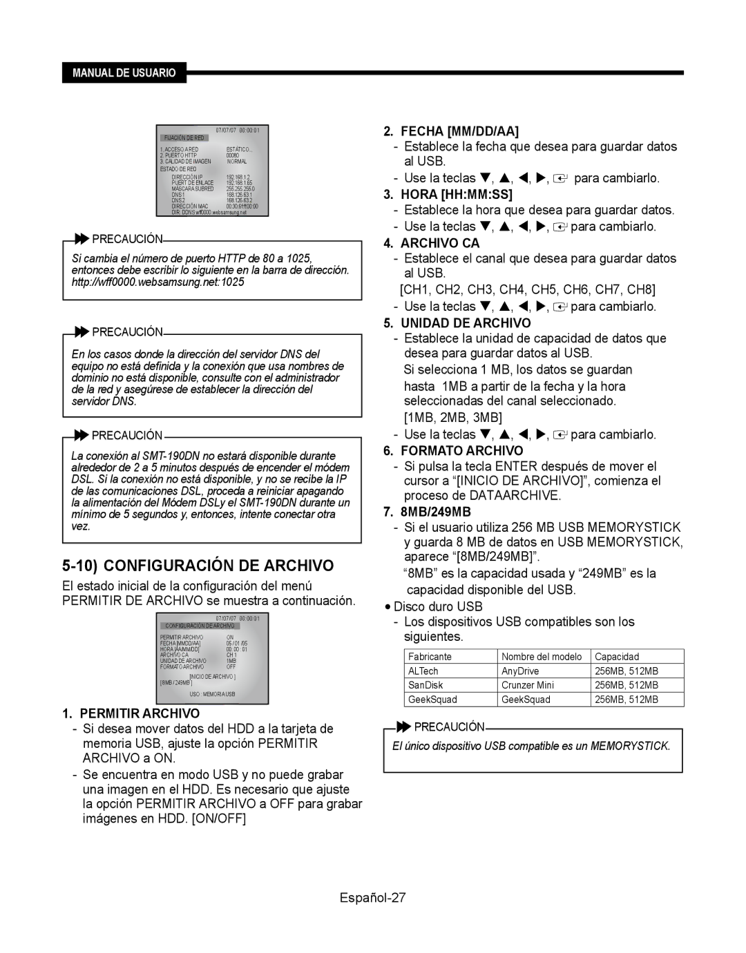 Samsung SMT-190Dx user manual Permitir Archivo, Fecha MM/DD/AA, Hora Hhmmss, Archivo CA, Unidad DE Archivo, Formato Archivo 