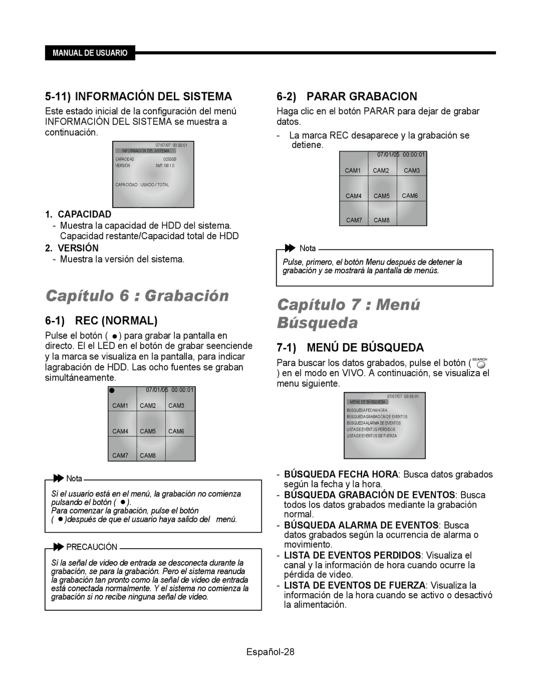 Samsung SMT-190Dx user manual Capítulo 6 Grabación, Capítulo 7 Menú Búsqueda 