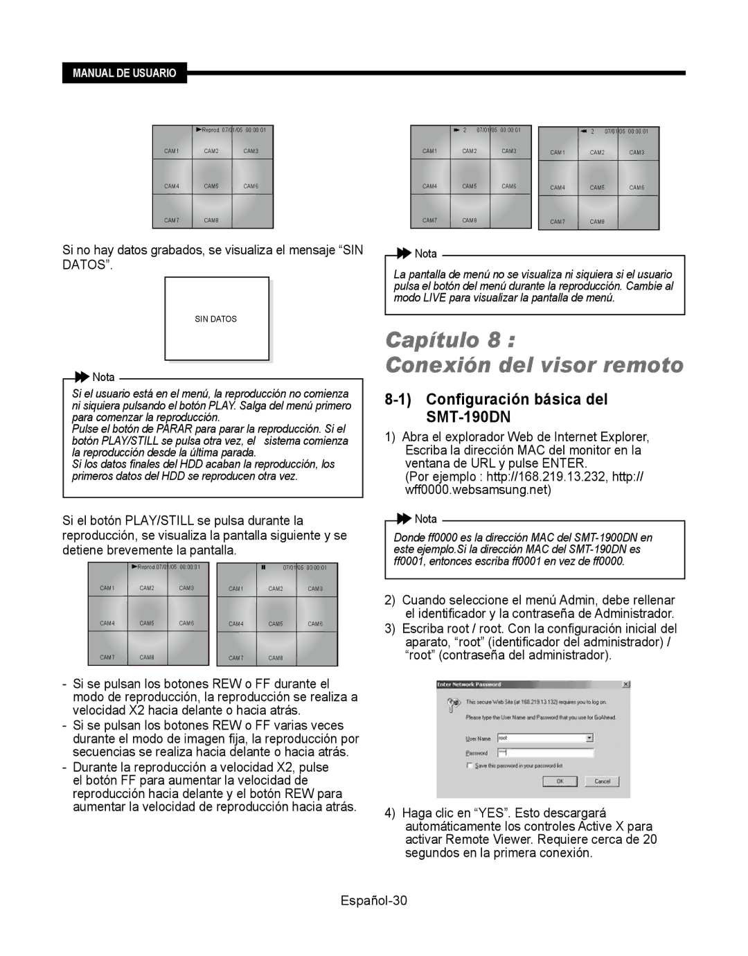 Samsung SMT-190Dx Capítulo Conexión del visor remoto, Si no hay datos grabados, se visualiza el mensaje SIN Datos 