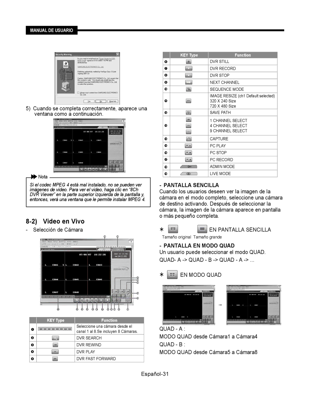 Samsung SMT-190Dx user manual Selección de Cámara, Pantalla Sencilla, Pantalla EN Modo Quad,  EN Modo Quad 