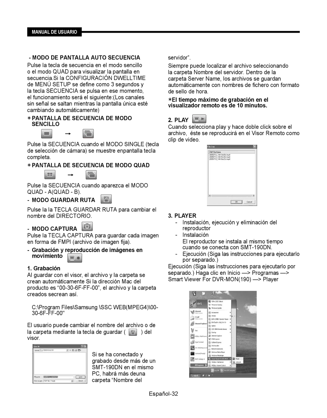 Samsung SMT-190Dx user manual Modo DE Pantalla Auto Secuencia,  Pantalla DE Secuencia DE Modo Sencillo, Modo Guardar Ruta 