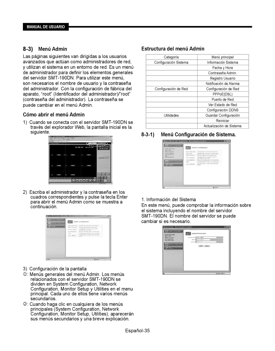 Samsung SMT-190Dx user manual 3Menú Admin, Categoría Menú principal 