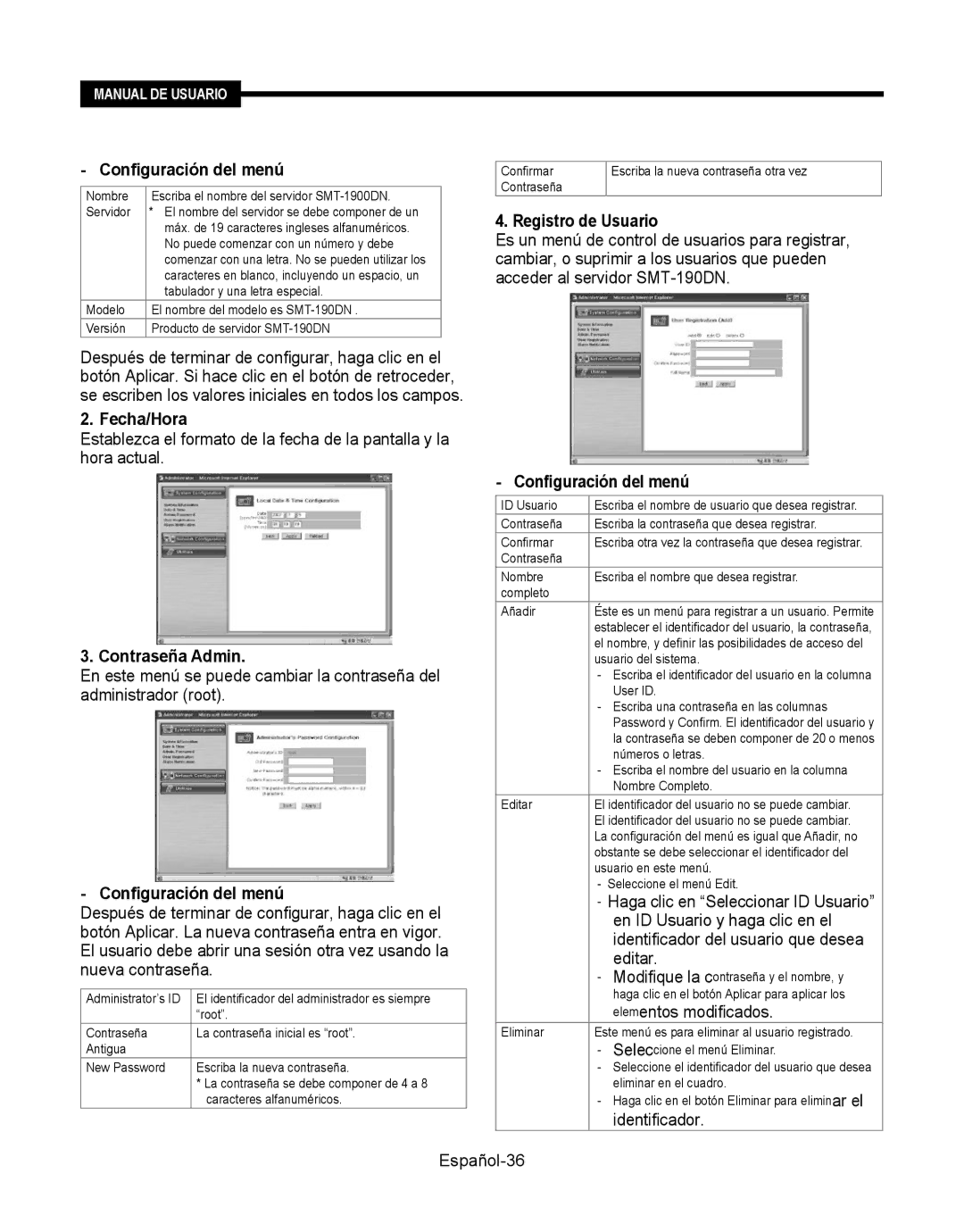 Samsung SMT-190Dx user manual Fecha/Hora, Contraseña Admin, Registro de Usuario 