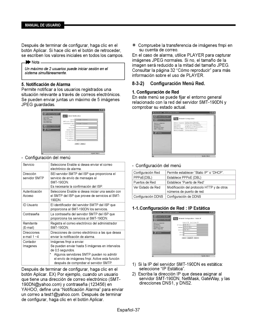 Samsung SMT-190Dx user manual Notificación de Alarma, Configuración de Red IP Estática 