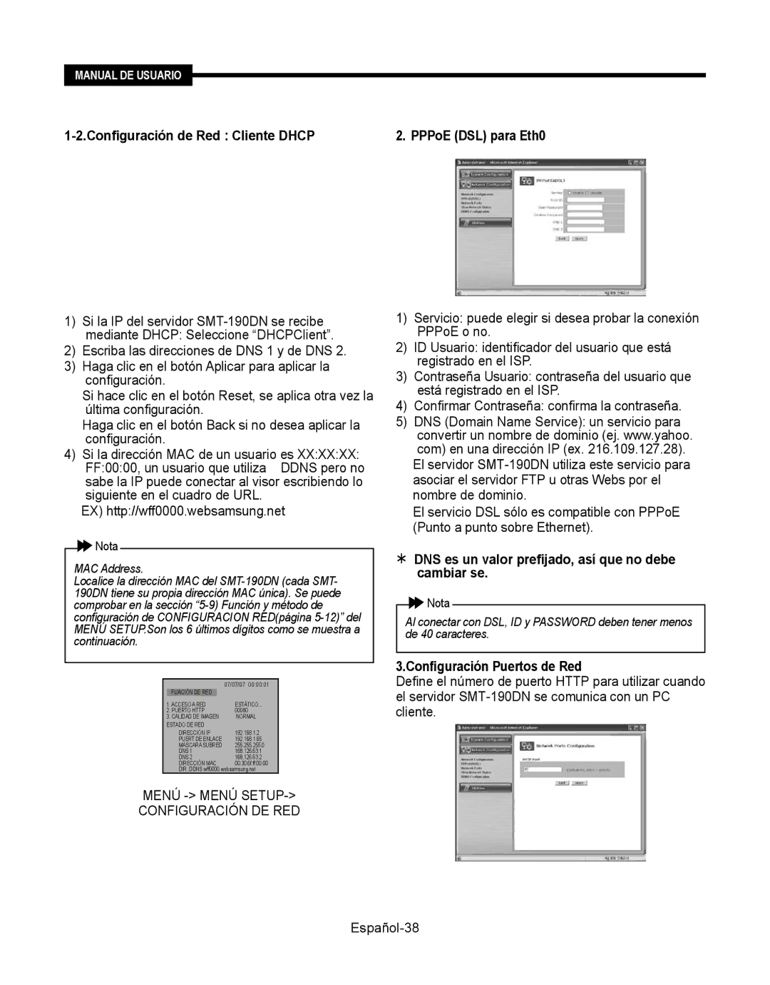 Samsung SMT-190Dx Configuración de Red Cliente Dhcp, Menú Menú Setup Configuración DE RED, Configuración Puertos de Red 