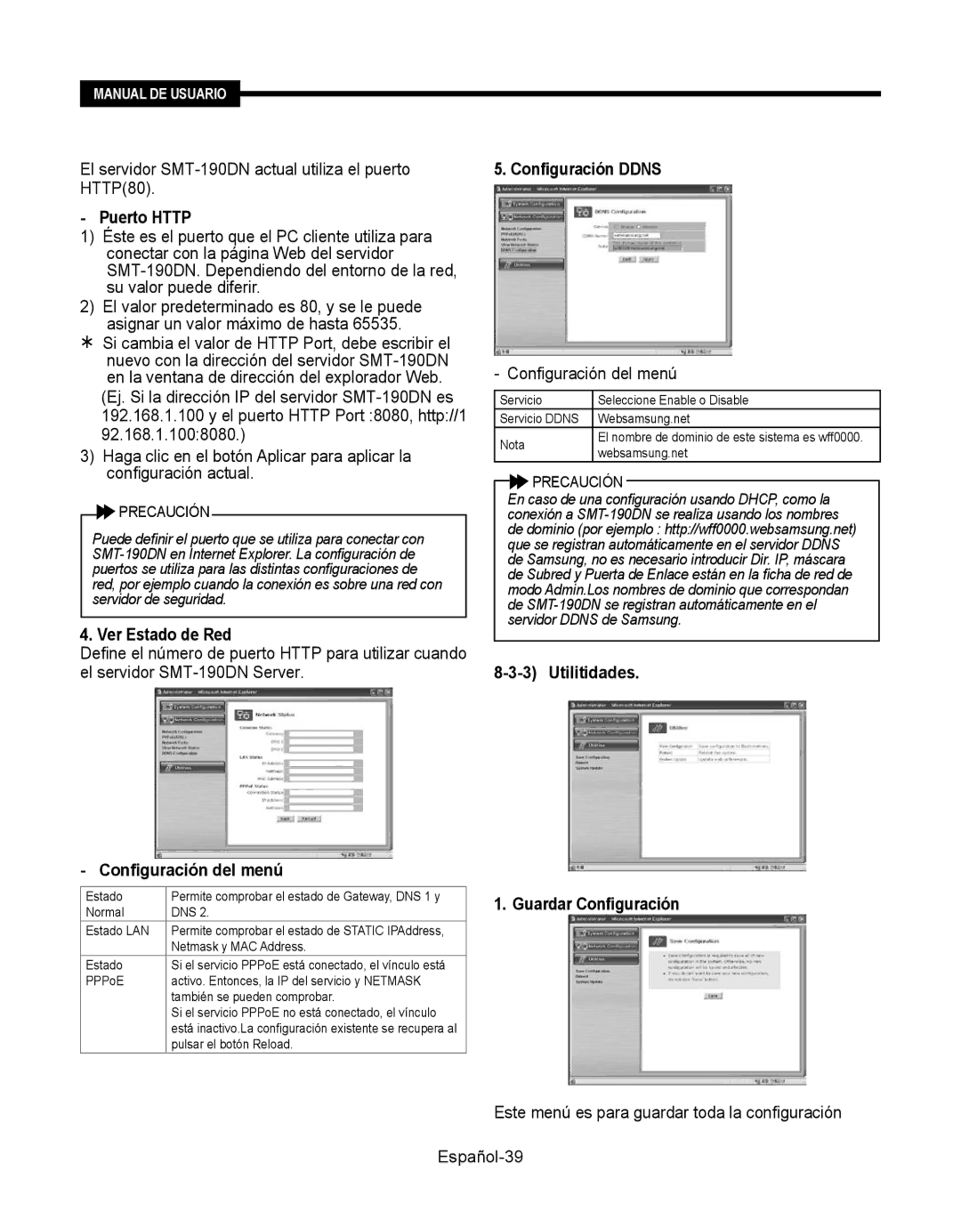 Samsung SMT-190Dx user manual Puerto Http, Ver Estado de Red, Configuración Ddns, Utilitidades Guardar Configuración 