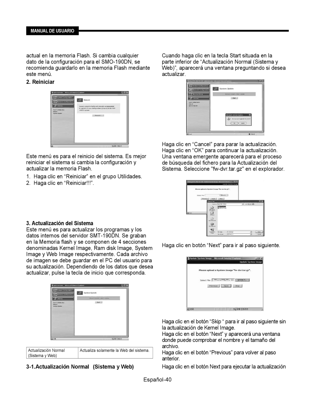 Samsung SMT-190Dx Reiniciar, Actualización del Sistema, Haga clic en botón Next para ir al paso siguiente, Español-40 