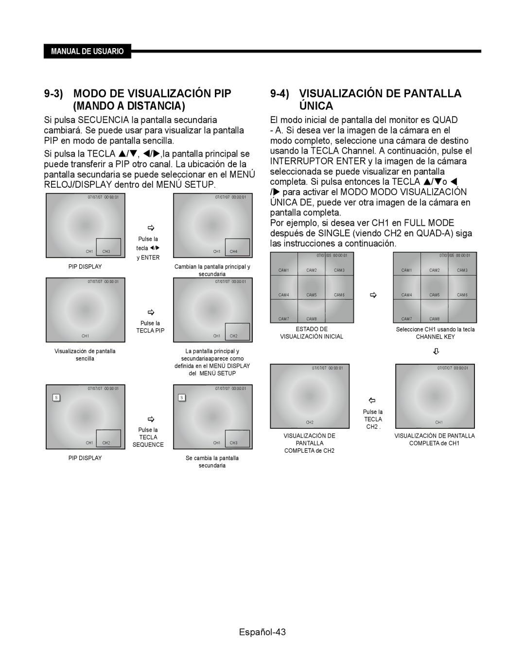 Samsung SMT-190Dx user manual Modo DE Visualización PIP Mando a Distancia, Visualización DE Pantalla Única 