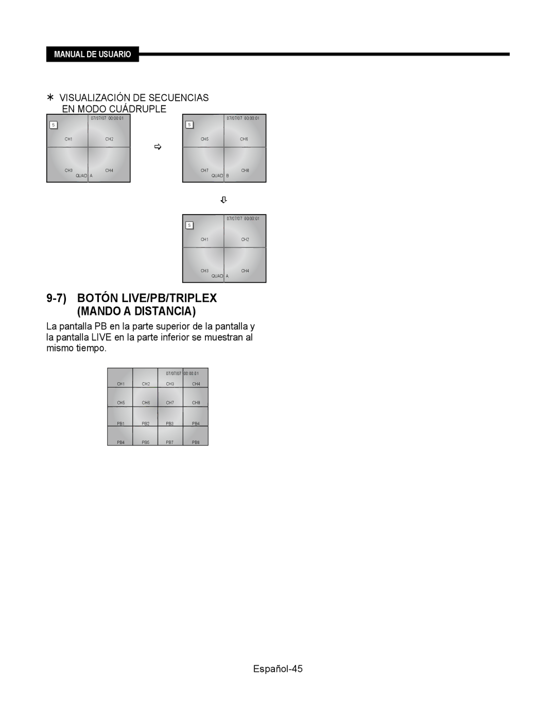 Samsung SMT-190Dx user manual Botón LIVE/PB/TRIPLEX Mando a Distancia, Español-45 