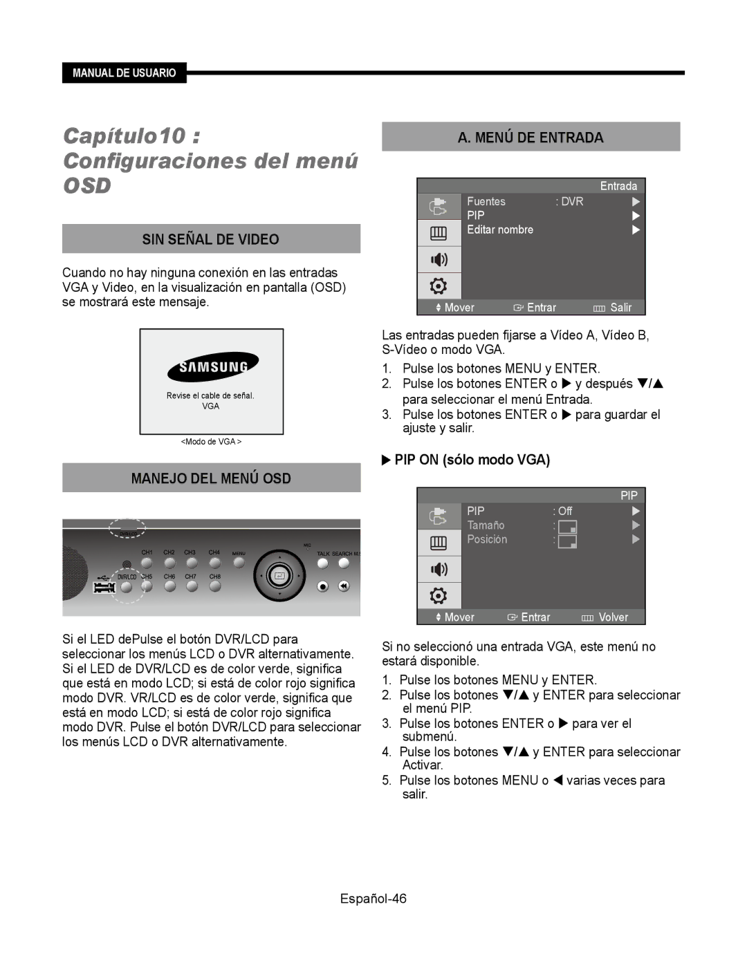 Samsung SMT-190Dx user manual Capítulo10 Configuraciones del menú, Osd 