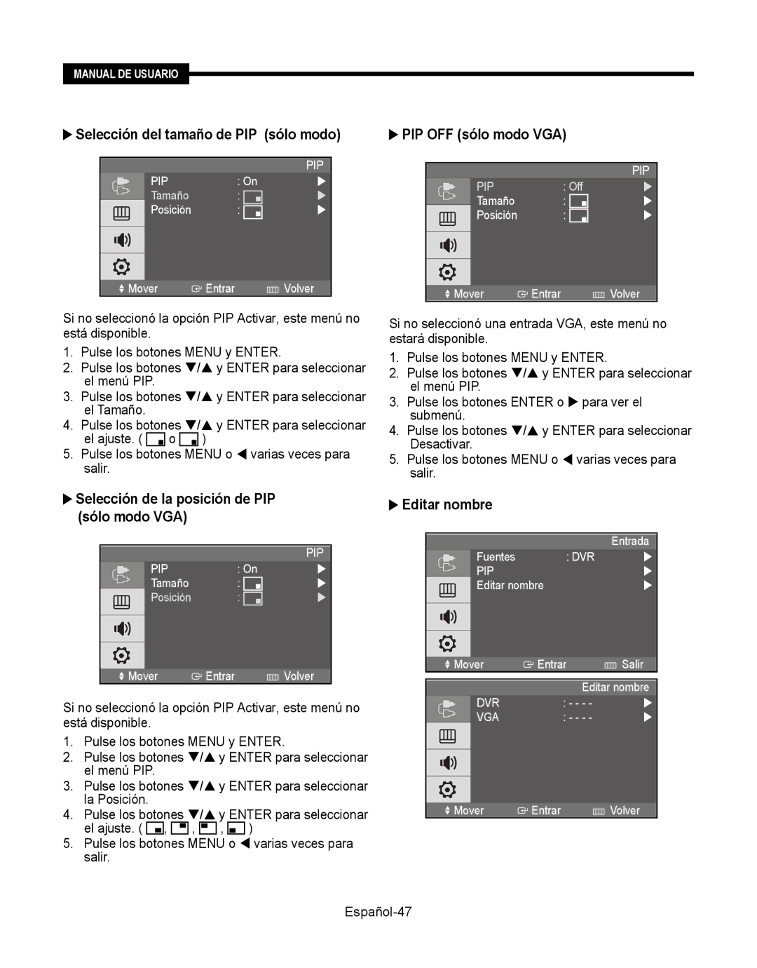 Samsung SMT-190Dx user manual Selección del tamaño de PIP sólo modo, Español-47 