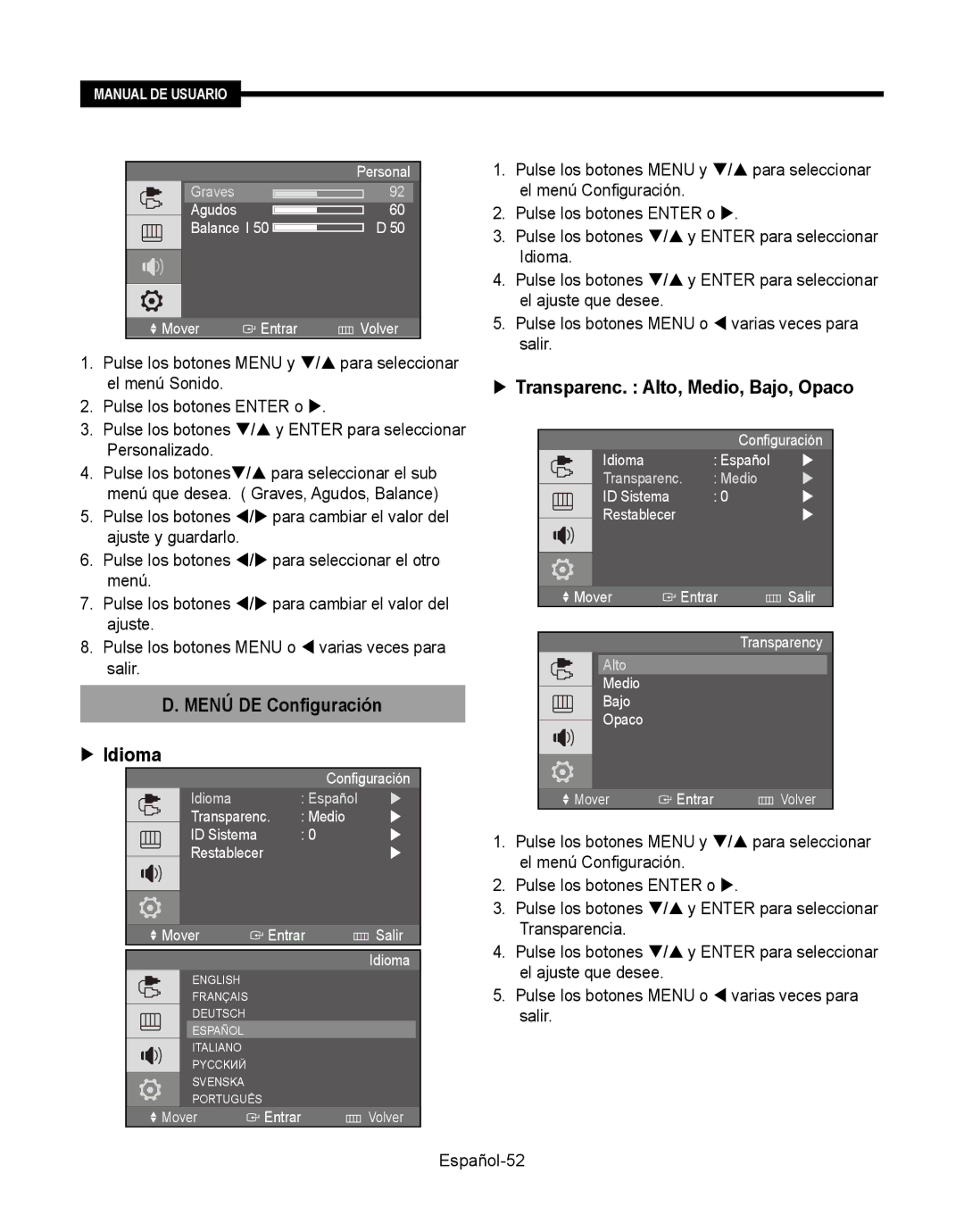 Samsung SMT-190Dx user manual Menú DE Configuración  Idioma 