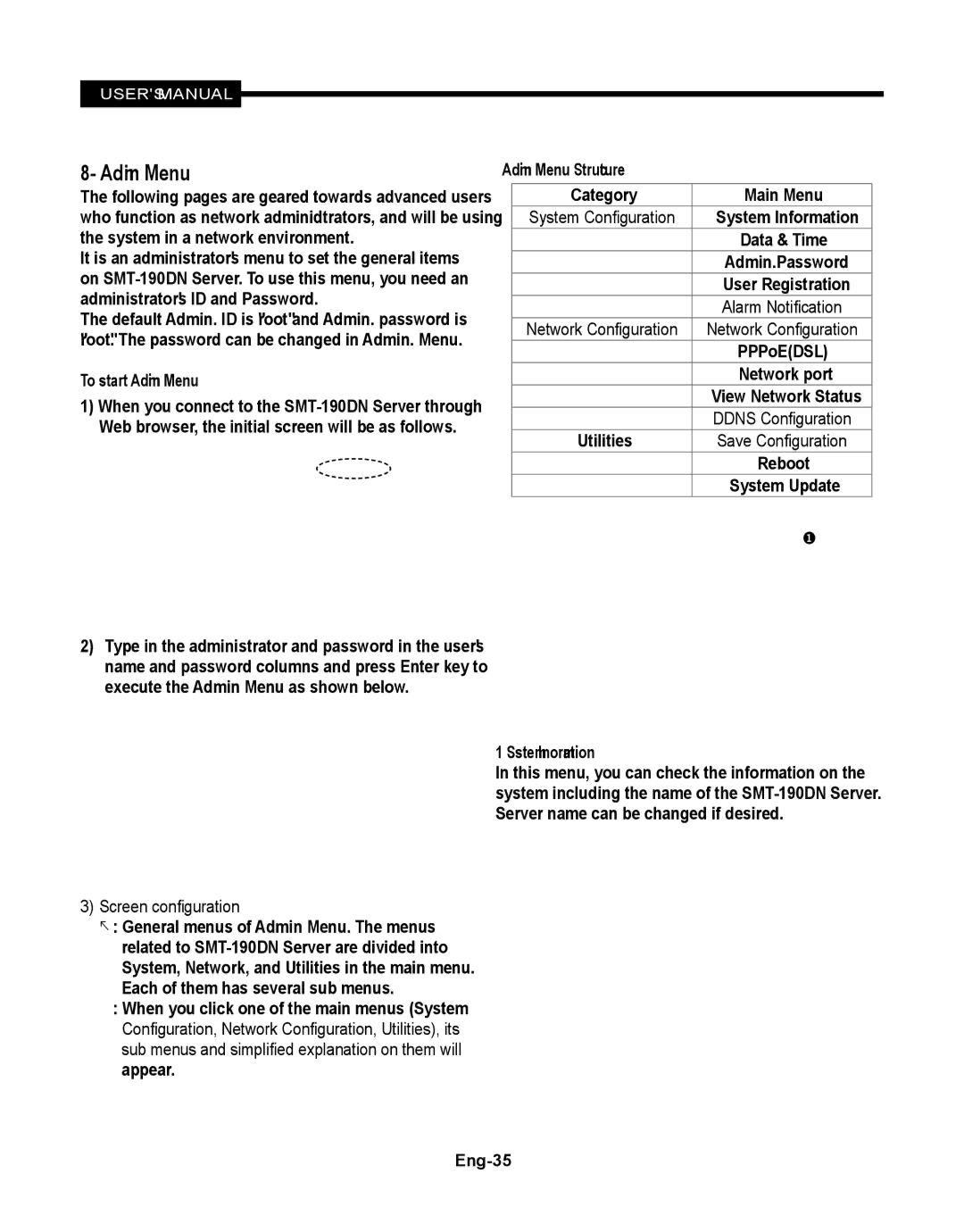 Samsung SMT-190Dx user manual To start Admin. Menu, Admin Menu Structure, System Configuration Menu System Information 