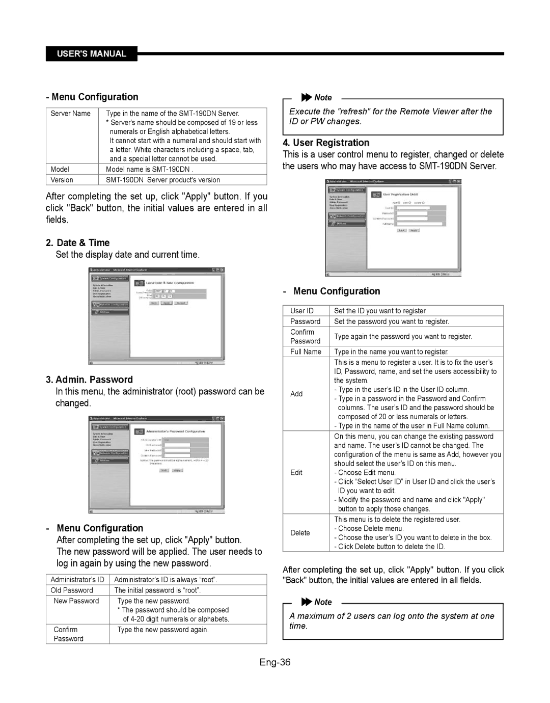 Samsung SMT-190Dx user manual Menu Configuration, Date & Time, Admin. Password, User Registration 