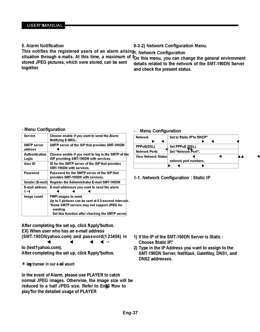 Samsung SMT-190Dx user manual Alarm Notification,  Image transfer in your e-mail account, Network Configuration Menu 