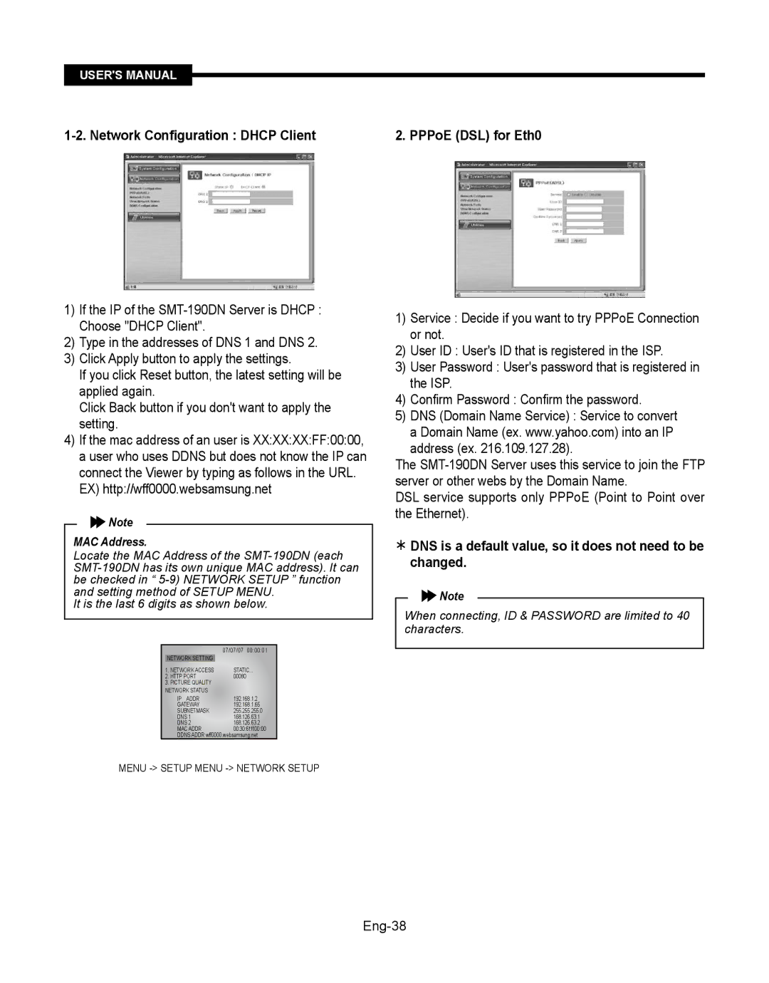 Samsung SMT-190Dx user manual Network Configuration Dhcp Client, EX http//wff0000.websamsung.net, Eng-38 