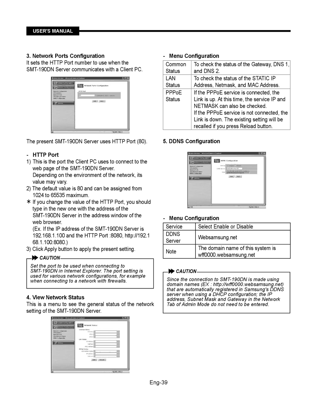 Samsung SMT-190Dx Network Ports Configuration, Http Port, View Network Status, Ddns Configuration Menu Configuration 