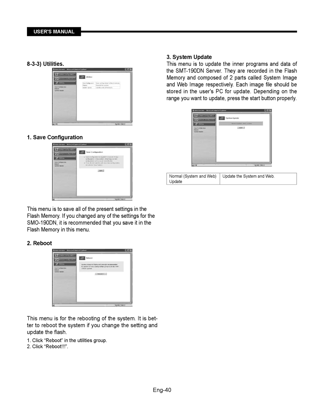 Samsung SMT-190Dx user manual System Update, Save Configuration, Eng-40, Click Reboot in the utilities group 