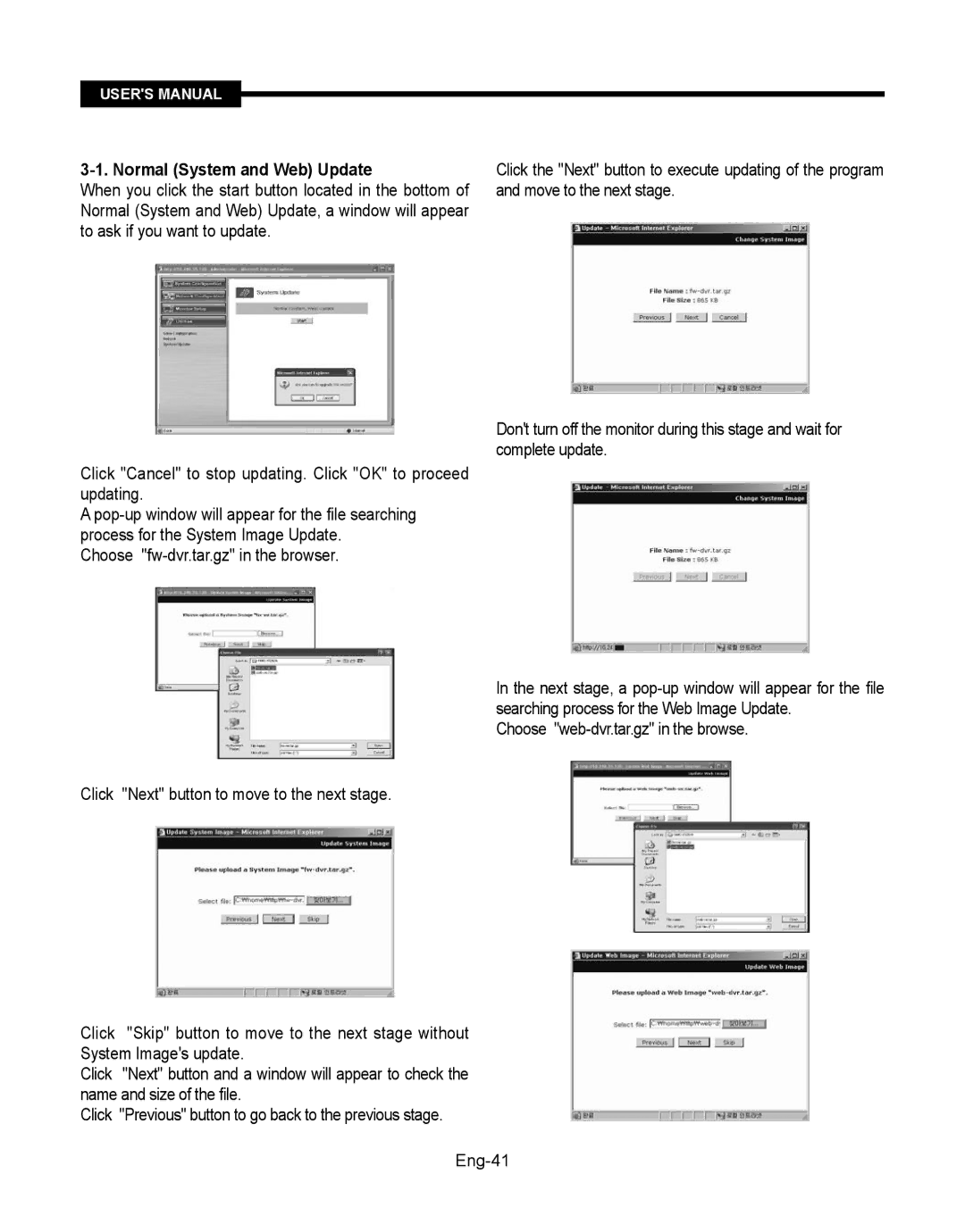 Samsung SMT-190Dx user manual Normal System and Web Update, Choose web-dvr.tar.gz in the browse Eng-41 