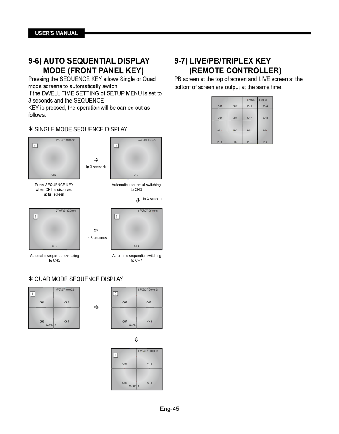 Samsung SMT-190Dx user manual Auto Sequential Display Mode Front Panel KEY, LIVE/PB/TRIPLEX KEY Remote Controller, Eng-45 