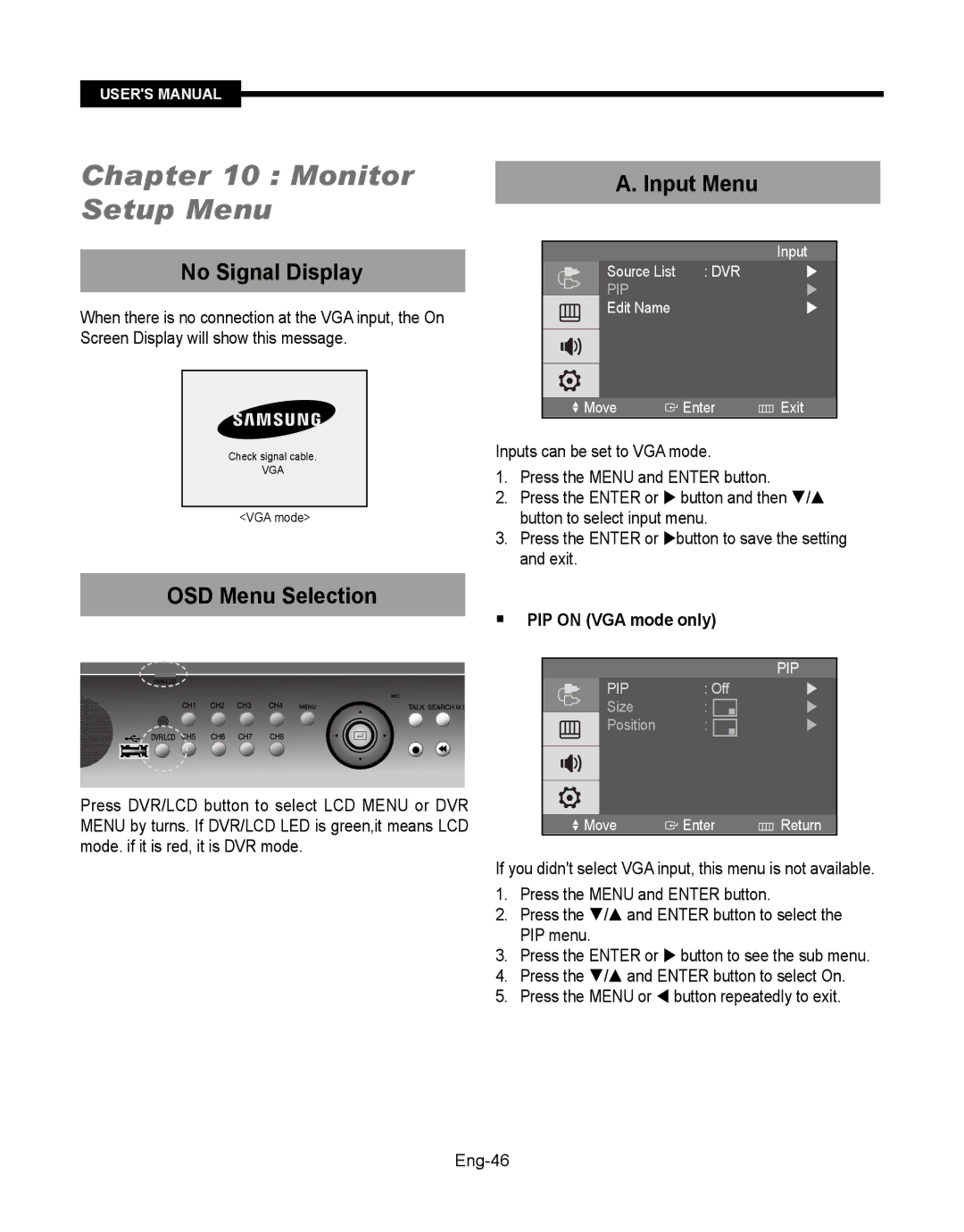 Samsung SMT-190Dx user manual Monitor Setup Menu, No Signal Display, OSD Menu Selection, Input Menu,  PIP on VGA mode only 