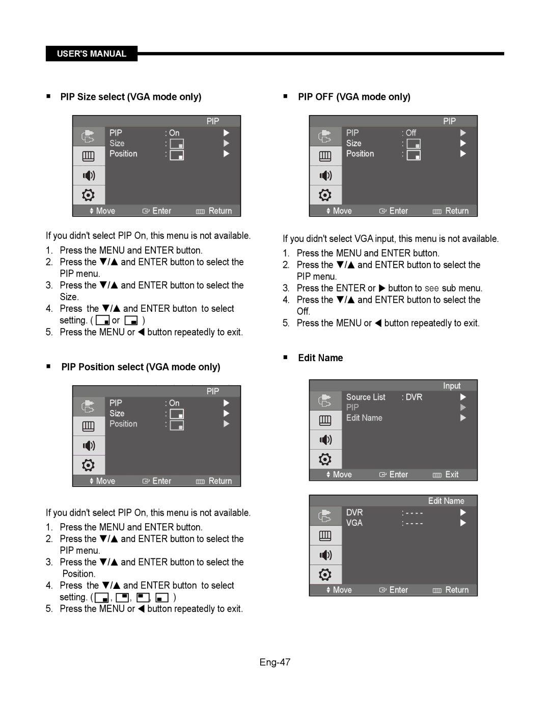 Samsung SMT-190Dx  PIP Size select VGA mode only,  PIP Position select VGA mode only,  PIP OFF VGA mode only, Eng-47 