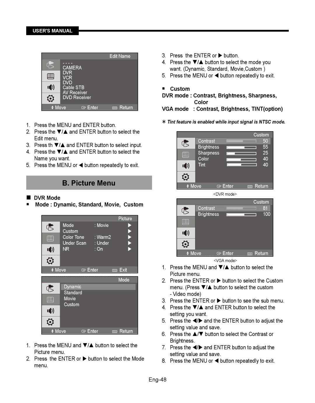 Samsung SMT-190Dx user manual Picture Menu, Press the / and Enter button to select the Name you want 