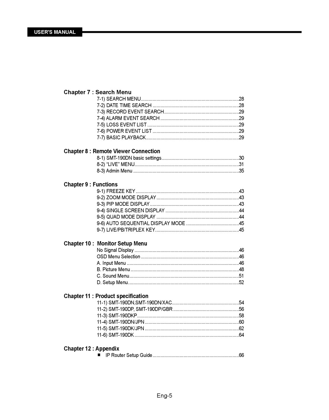 Samsung SMT-190Dx Search Menu, Remote Viewer Connection, Functions, Monitor Setup Menu, Product specification, Appendix 