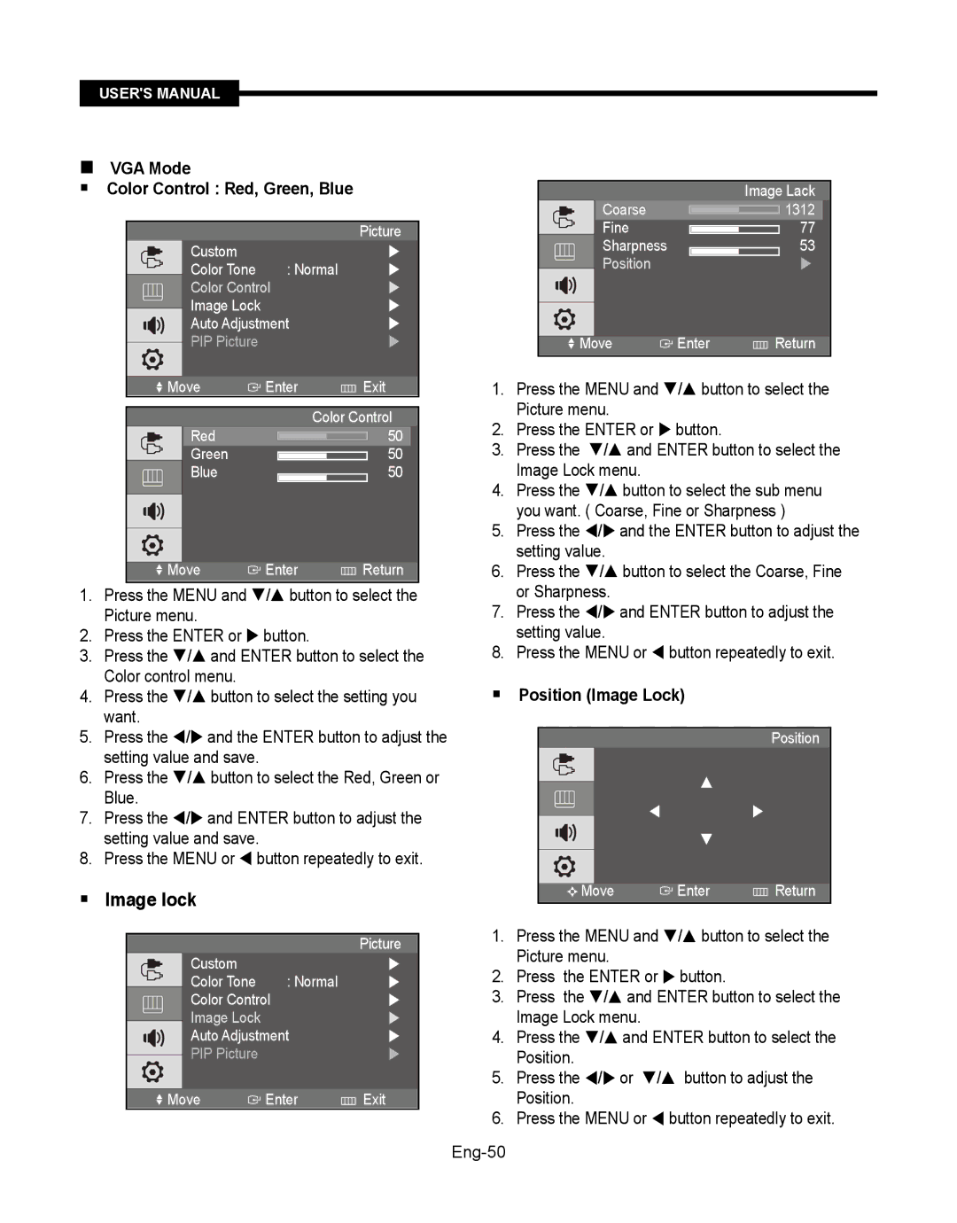 Samsung SMT-190Dx user manual  VGA Mode  Color Control Red, Green, Blue,  Position Image Lock 