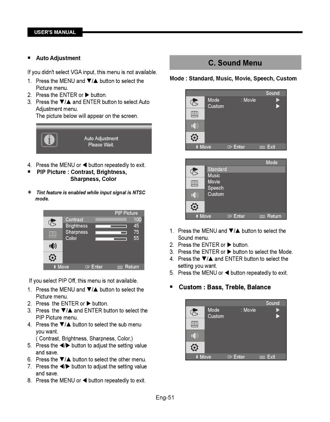 Samsung SMT-190Dx user manual Sound Menu,  Auto Adjustment, Mode Standard, Music, Movie, Speech, Custom, Eng-51 