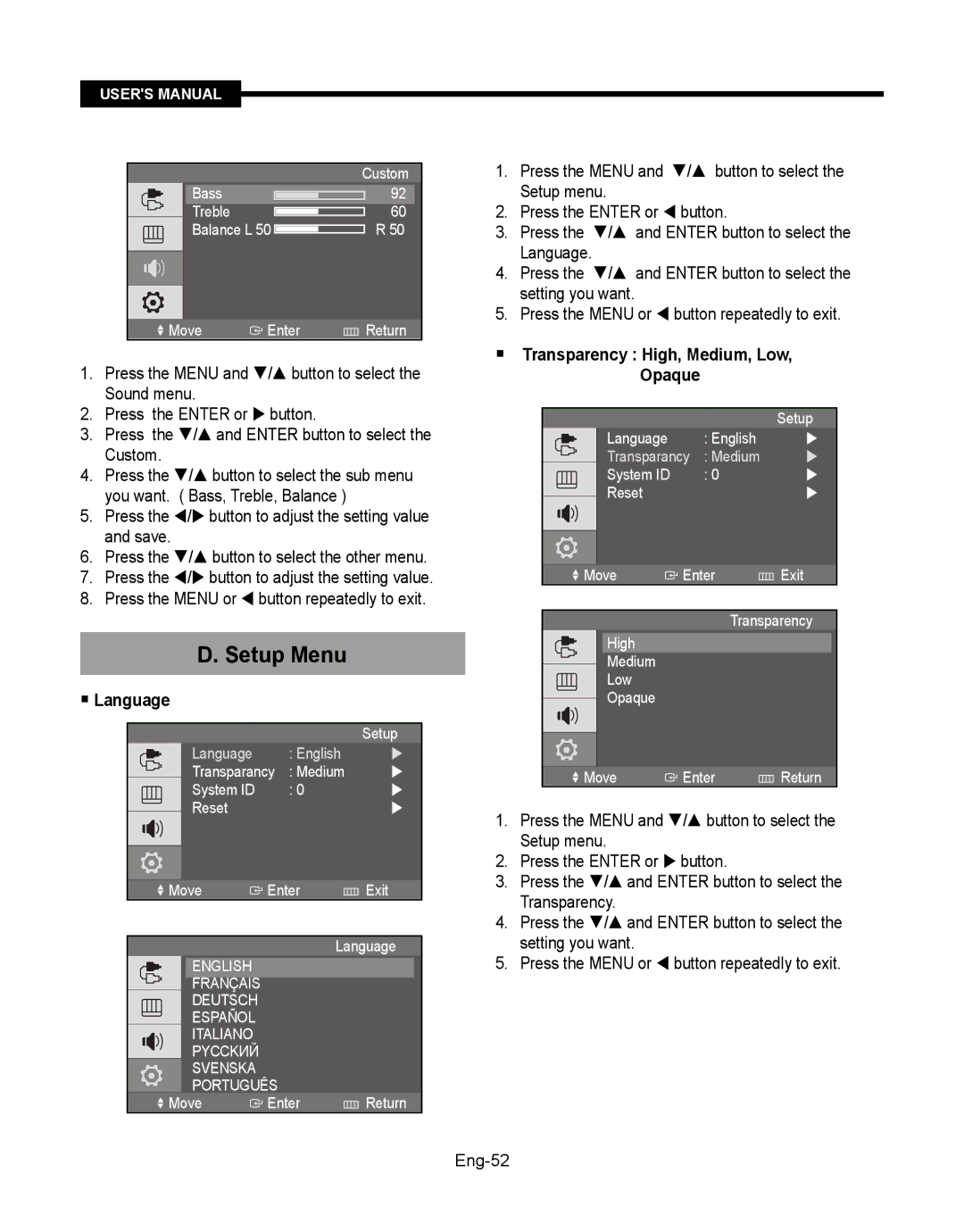 Samsung SMT-190Dx user manual Setup Menu,  Language,  Transparency High, Medium, Low, Opaque 