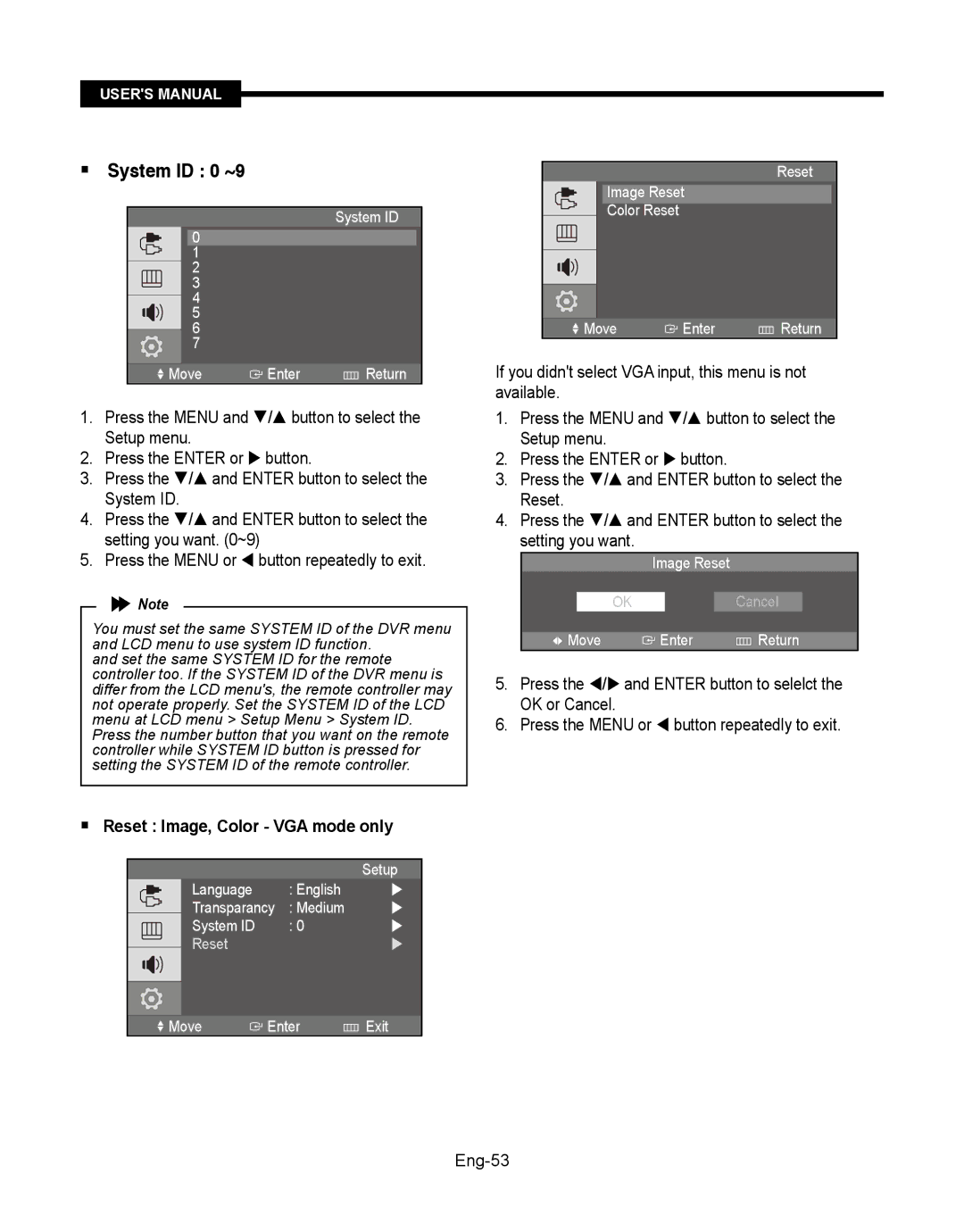 Samsung SMT-190Dx user manual  System ID 0 ~9,  Reset Image, Color VGA mode only 