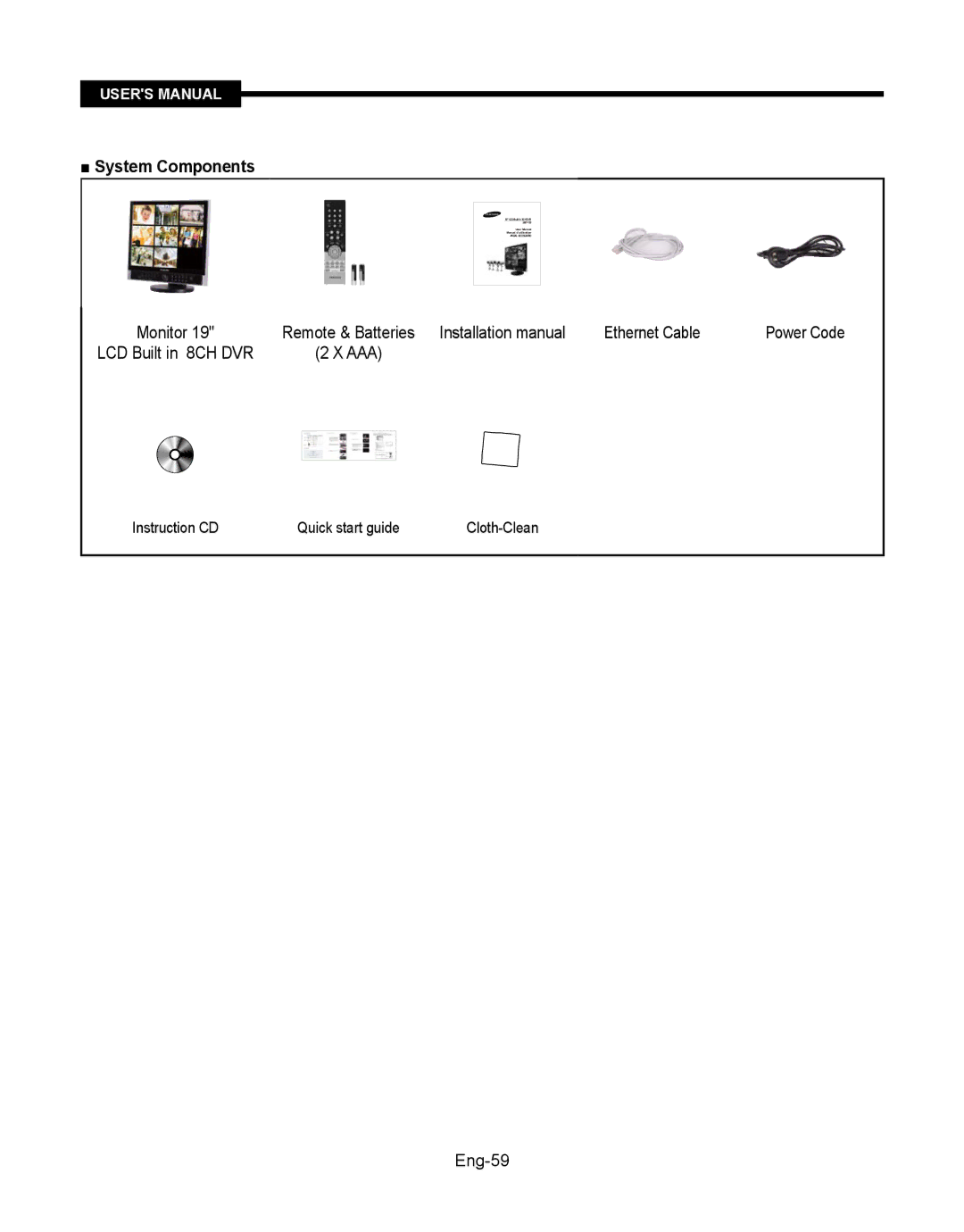 Samsung SMT-190Dx user manual Remote & Batteries Installation manual Ethernet Cable, Aaa, Eng-59 