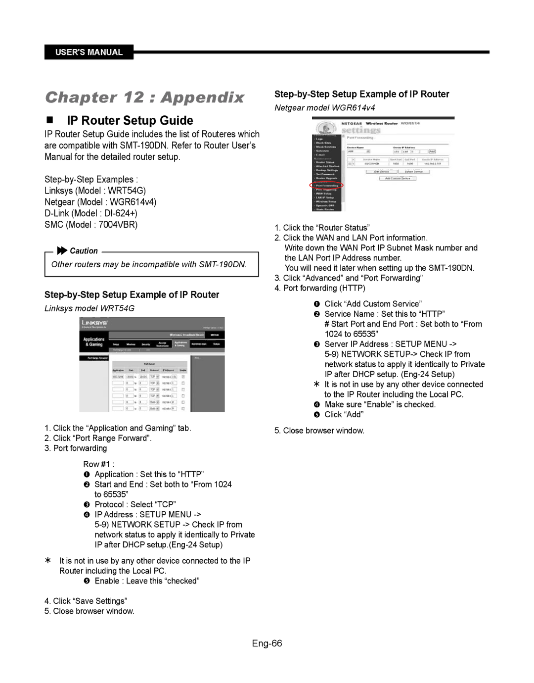 Samsung SMT-190Dx user manual Appendix,  IP Router Setup Guide, Step-by-Step Setup Example of IP Router, Eng-66 