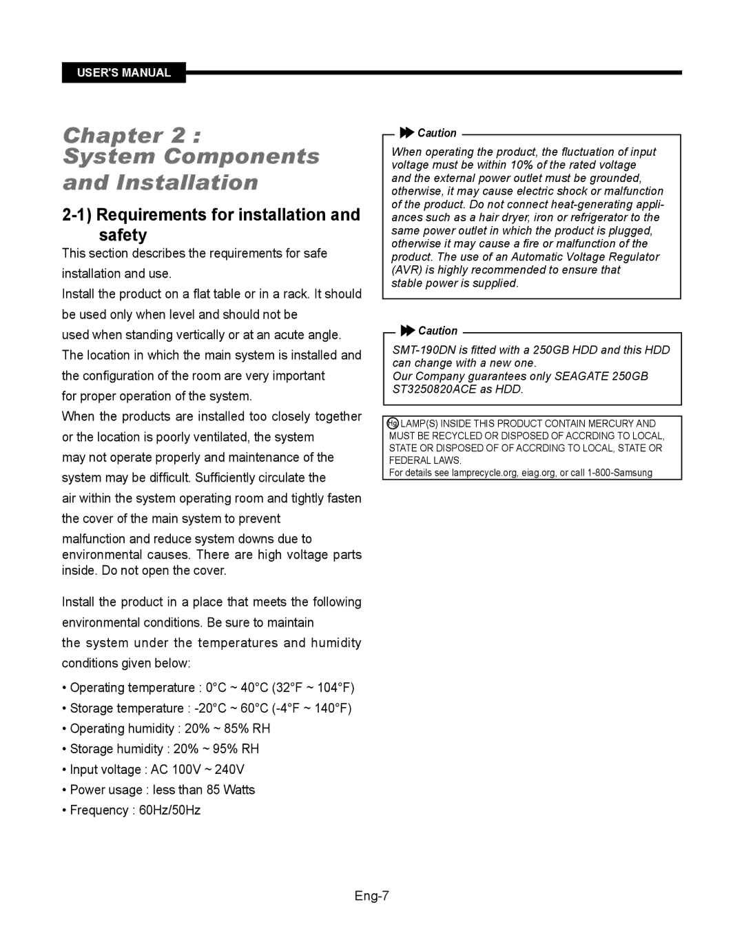 Samsung SMT-190Dx user manual System Components Installation, Requirements for installation and safety 