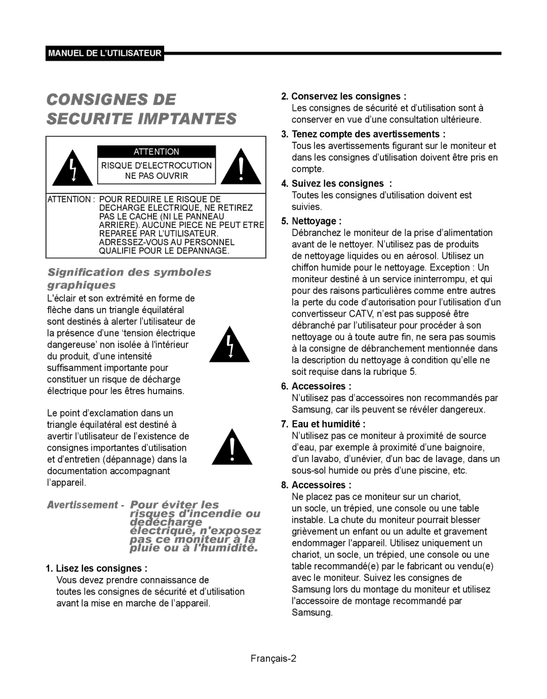 Samsung SMT-190Dx Lisez les consignes, Conservez les consignes, Tenez compte des avertissements, Suivez les consignes 