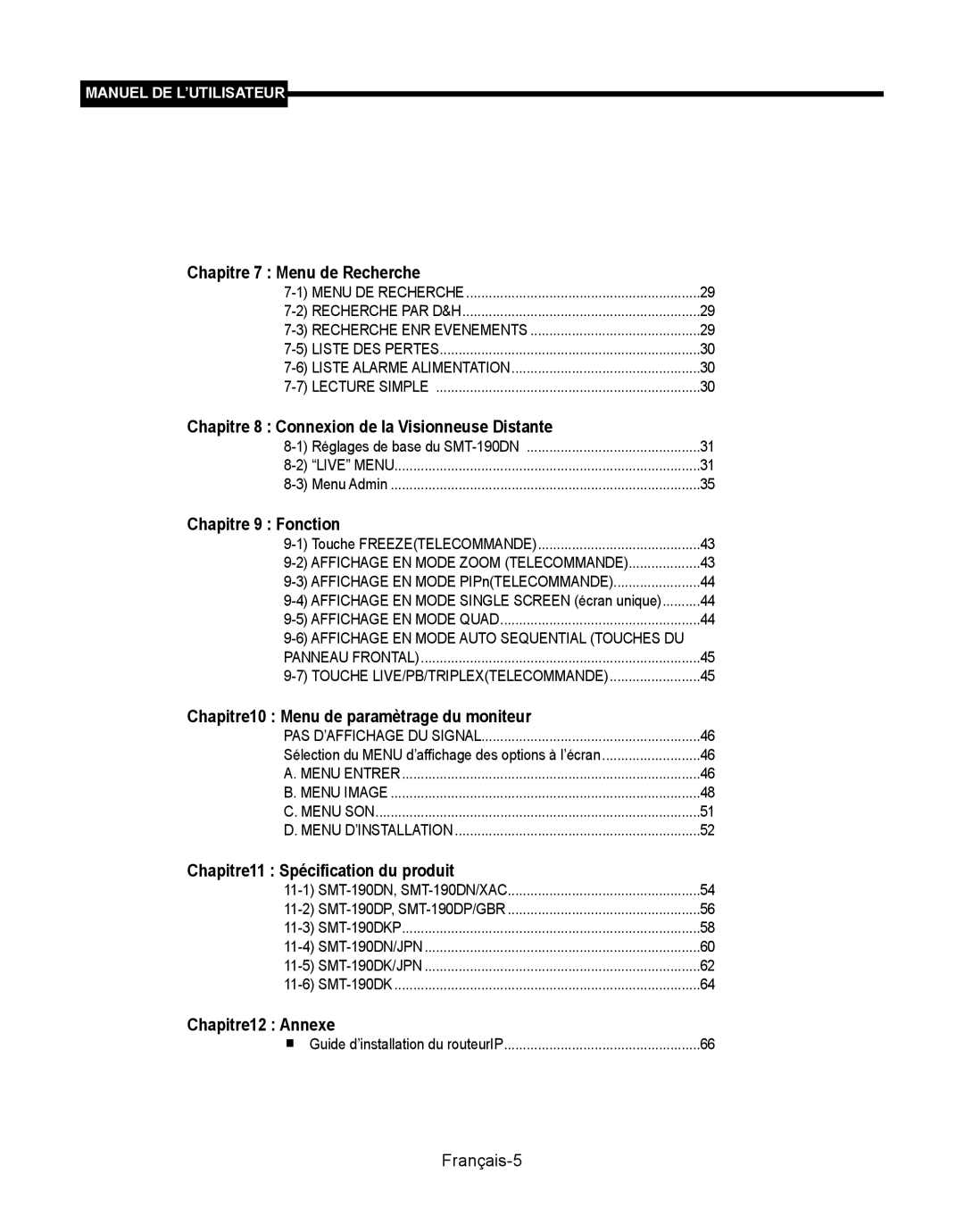 Samsung SMT-190Dx Chapitre 7 Menu de Recherche, Chapitre 8 Connexion de la Visionneuse Distante, Chapitre 9 Fonction 