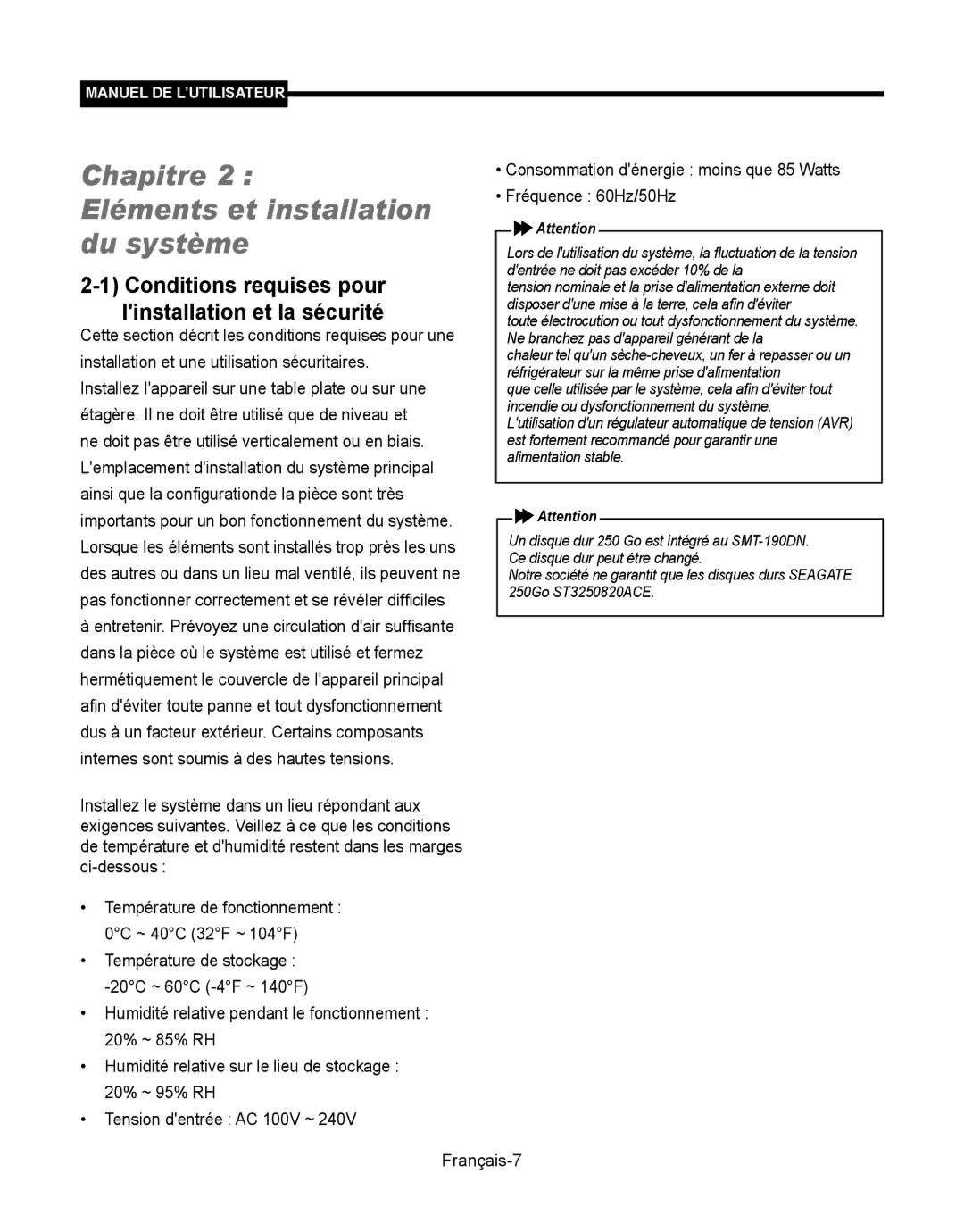 Samsung SMT-190Dx user manual Conditions requises pour linstallation et la sécurité 