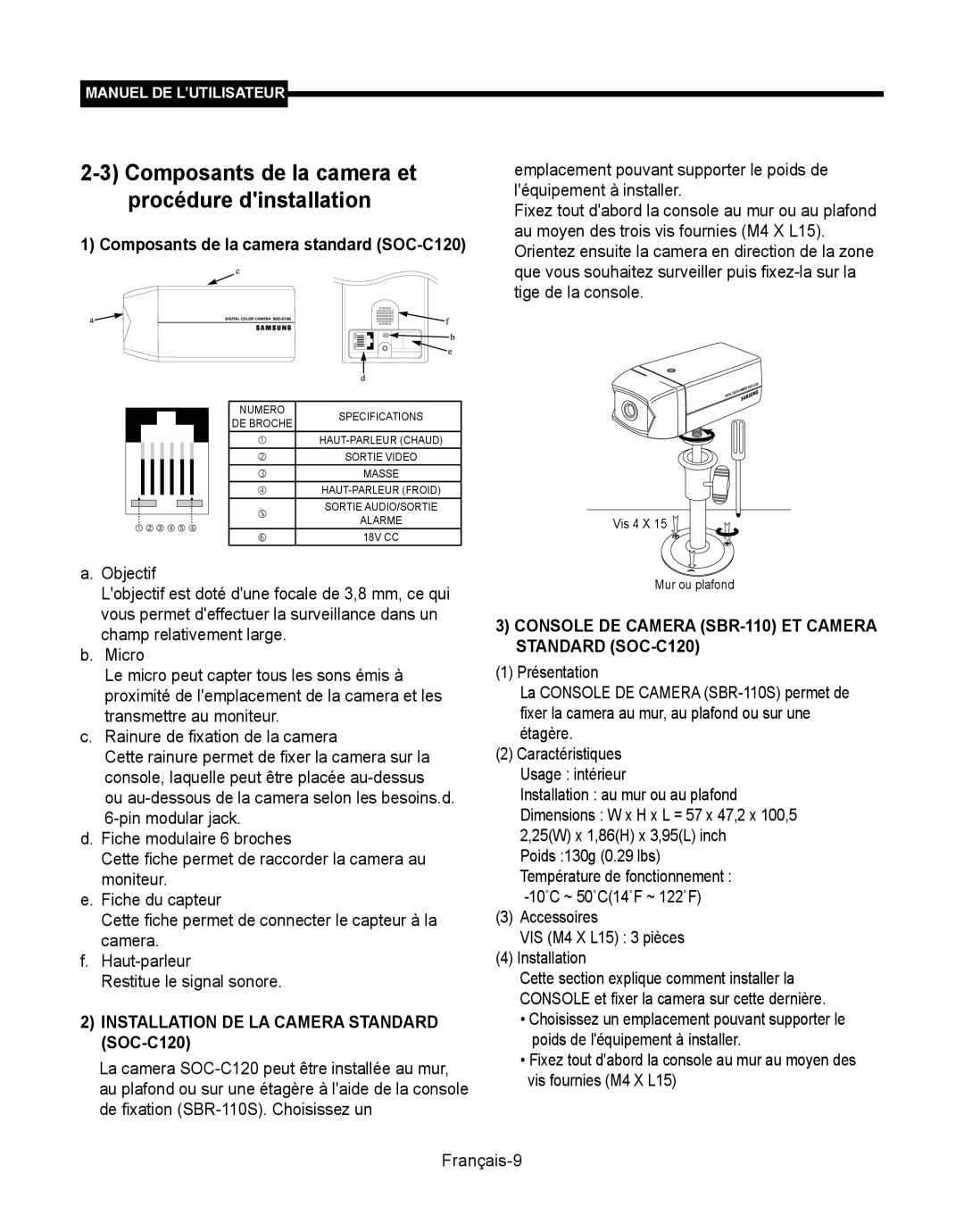 Samsung SMT-190Dx user manual Composants de la camera et Procédure dinstallation, Composants de la camera standard SOC-C120 