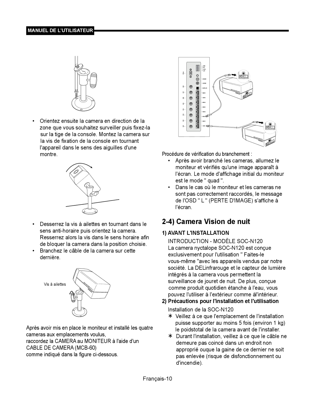 Samsung SMT-190Dx user manual Camera Vision de nuit, Branchez le câble de la camera sur cette dernière, Avant Linstallation 