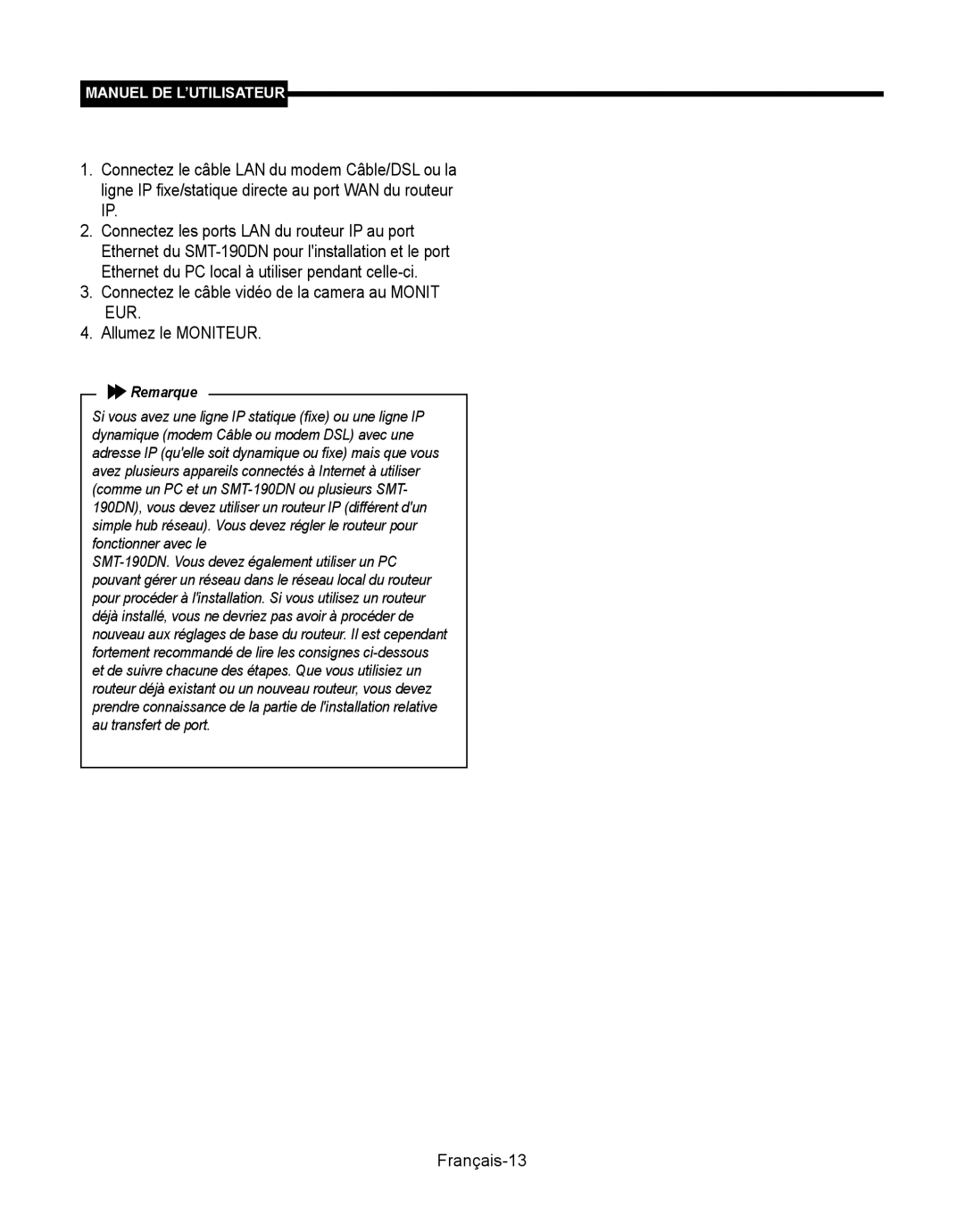 Samsung SMT-190Dx user manual Connectez le câble vidéo de la camera au Monit, Eur, Allumez le Moniteur, Français-13 