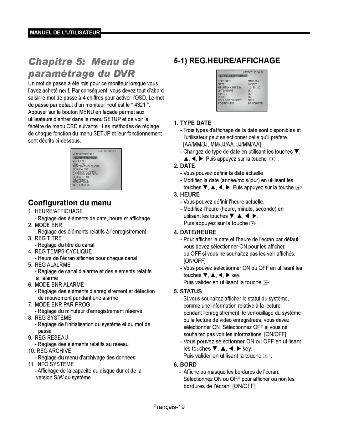 Samsung SMT-190Dx user manual Chapitre 5 Menu de paramètrage du DVR, Configuration du menu, Reg.Heure/Affichage 