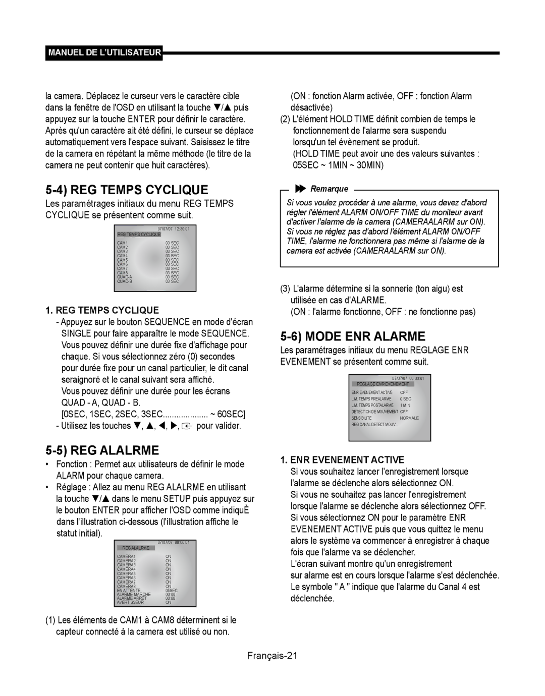 Samsung SMT-190Dx user manual REG Temps Cyclique, REG Alalrme, Mode ENR Alarme, ENR Evenement Active 